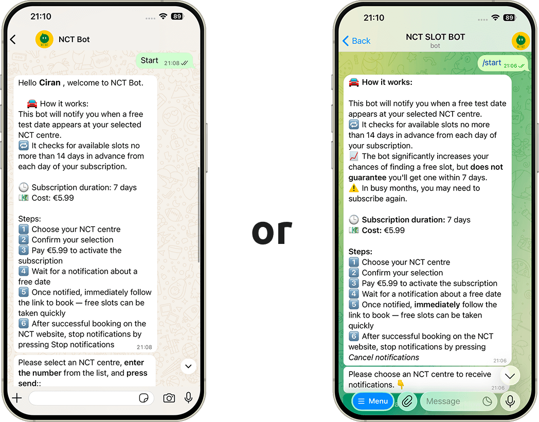 NCT Ireland slot bot Telegram WhatsApp notifications