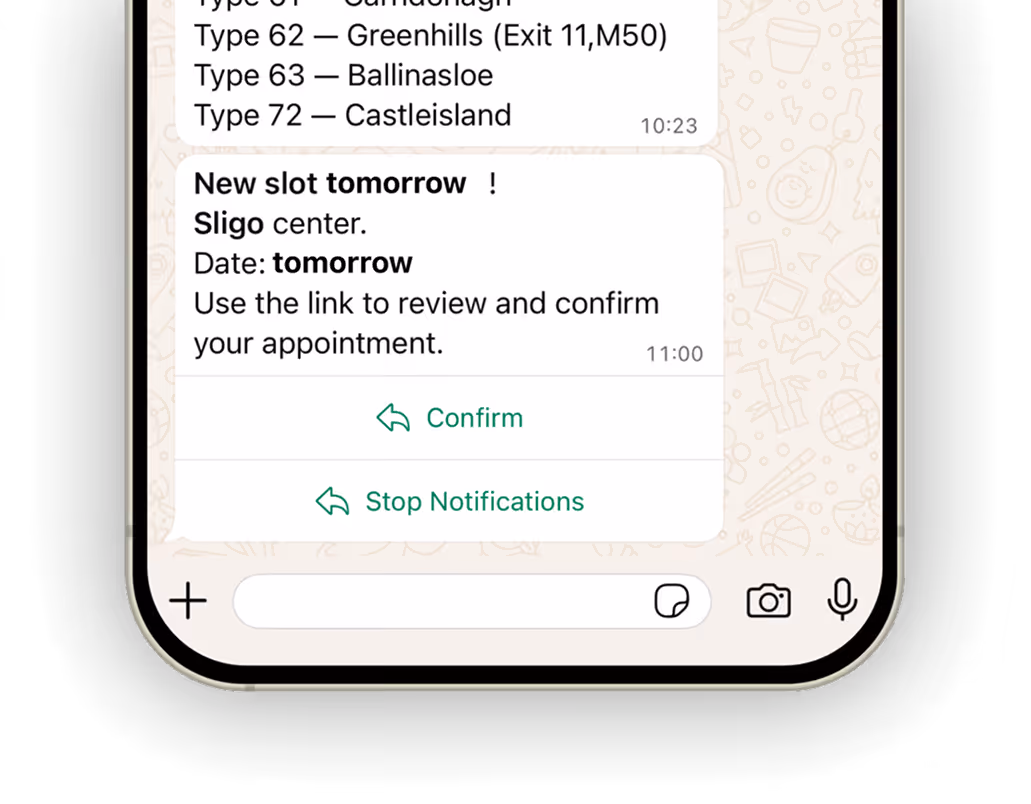 iPhone showing NCT booking cancellation slot for tomorrow