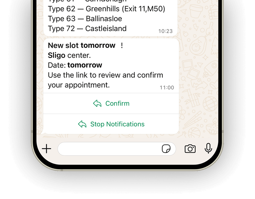 iPhone showing NCT booking cancellation slot for tomorrow