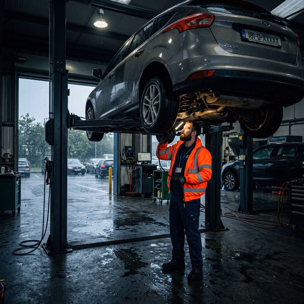 NCT Blarney Cork test centre mechanic inspecting car on a lift