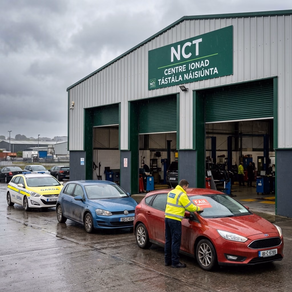 NCT inspector placing Fail Dangerous sticker on car at Cork Little Island test centre 2026