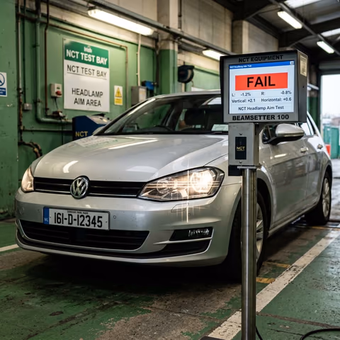 NCT optical beam setter testing headlamp aim on Irish hatchback showing Fail result 2026