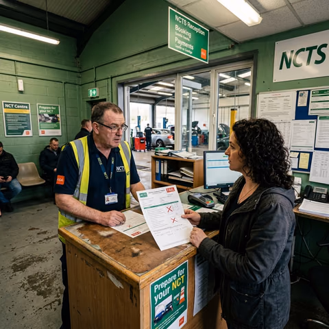 NCTS inspector discussing vehicle inspection report at reception desk Ireland 2026