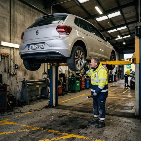 Photorealistic interior of an Irish NCT test lane showing a Volkswagen Polo raised on a lift with a uniformed inspector checking the tyres.
