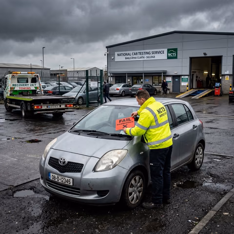 Red Fail Dangerous warning sticker on car windscreen at Irish NCT test centre 2026