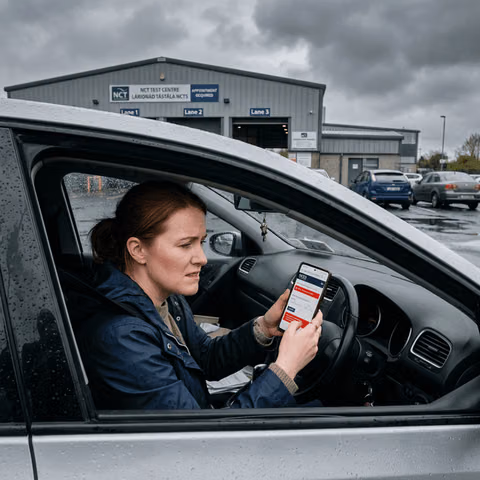 Irish driver checking NCT booking cancellation on phone outside test centre