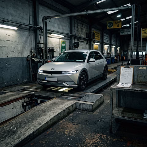 Electric car on NCT test ramp in Ireland - brake rollers and inspection equipment visible