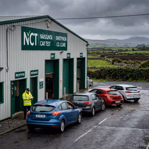 NCT test centre County Clare Ennis queue of cars on wet tarmac 2026