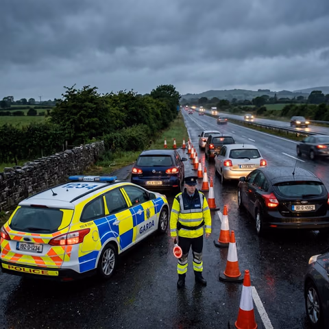 Garda Siochana patrol car at roadside checkpoint during Bank Holiday road safety operation Ireland 2026