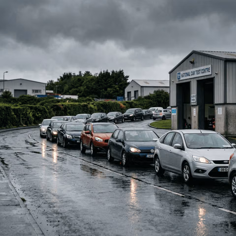 Queue of cars waiting at the NCT test centre in Galway Doughiska