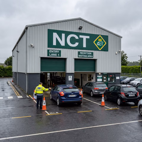 Photorealistic exterior of the Nenagh NCT centre in Tipperary showing cars queuing with the NCTS yellow diamond logo and an inspector guiding traffic.