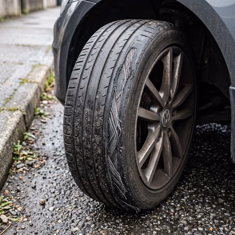 Car tyre inner shoulder showing exposed steel cords causing NCT Fail Dangerous result Ireland 2026