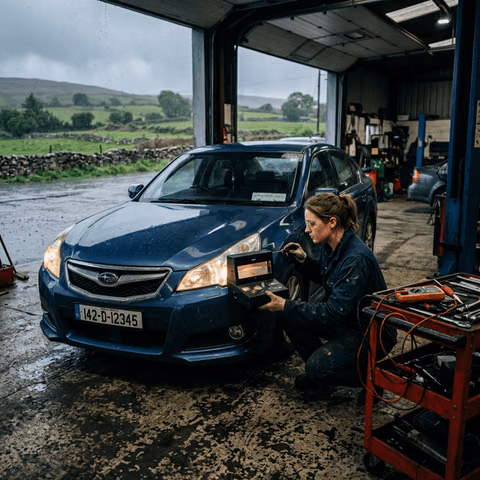 Mechanic checking headlamp alignment before NCT test in Irish garage
