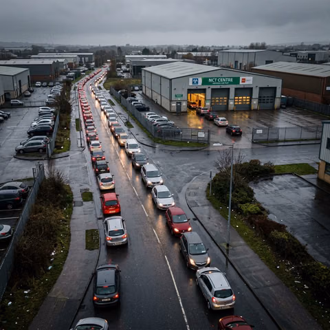 Long queue of cars outside an Irish NCT test centre on a rainy day — May 2026 backlog
