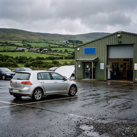 Car waiting at NCT test centre in Meath on a grey overcast day - Navan NCT wait times 2026