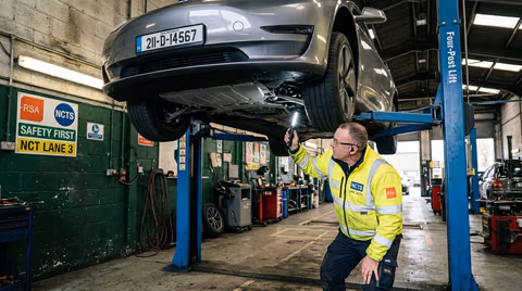 Electric vehicle raised on hydraulic lift inside Irish NCT centre for suspension check 2026